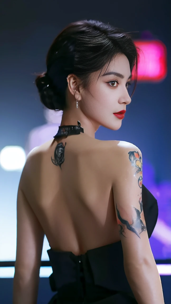 highest quality,masterpiece,8K, Beautiful woman,(Topless),spider tattoo on back,Black slacks,female mafia,cyberpunk city,night,looking back at me