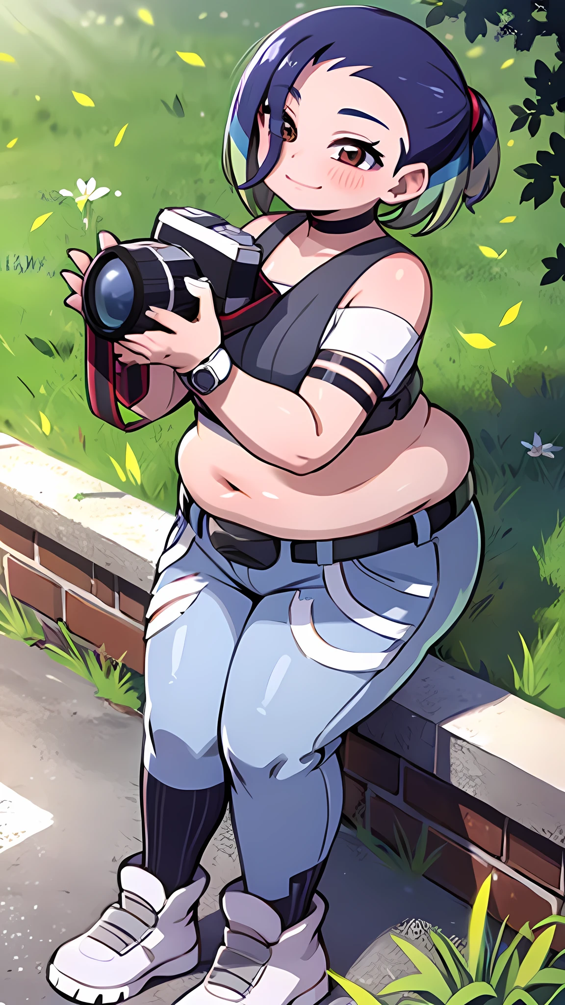 Perrin, blush,looking up,closed mouth,smile, chubby, chubby girl, park, sunny day, happy eyes, chubby belly, holding a camera, pokeballs, wristwatch, a black crop top, white undershirt, blue jeans held by a black belt with a hole on the leg, a purple choker and a black armband, purple socks, white sneakers.