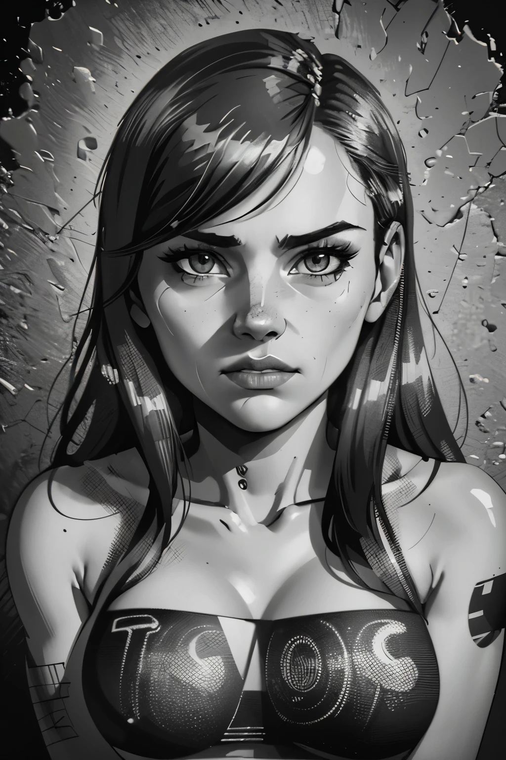 A girl in a mugshot, sketch, black and white, detailed features, vintage style, high contrast lighting, expressive eyes, tousled hair. (best quality, highres, realistic:1.37), vintage, monochrome, intense gaze, dramatic lighting, rugged background, distressed paper texture, retro vibes, id photo, front view