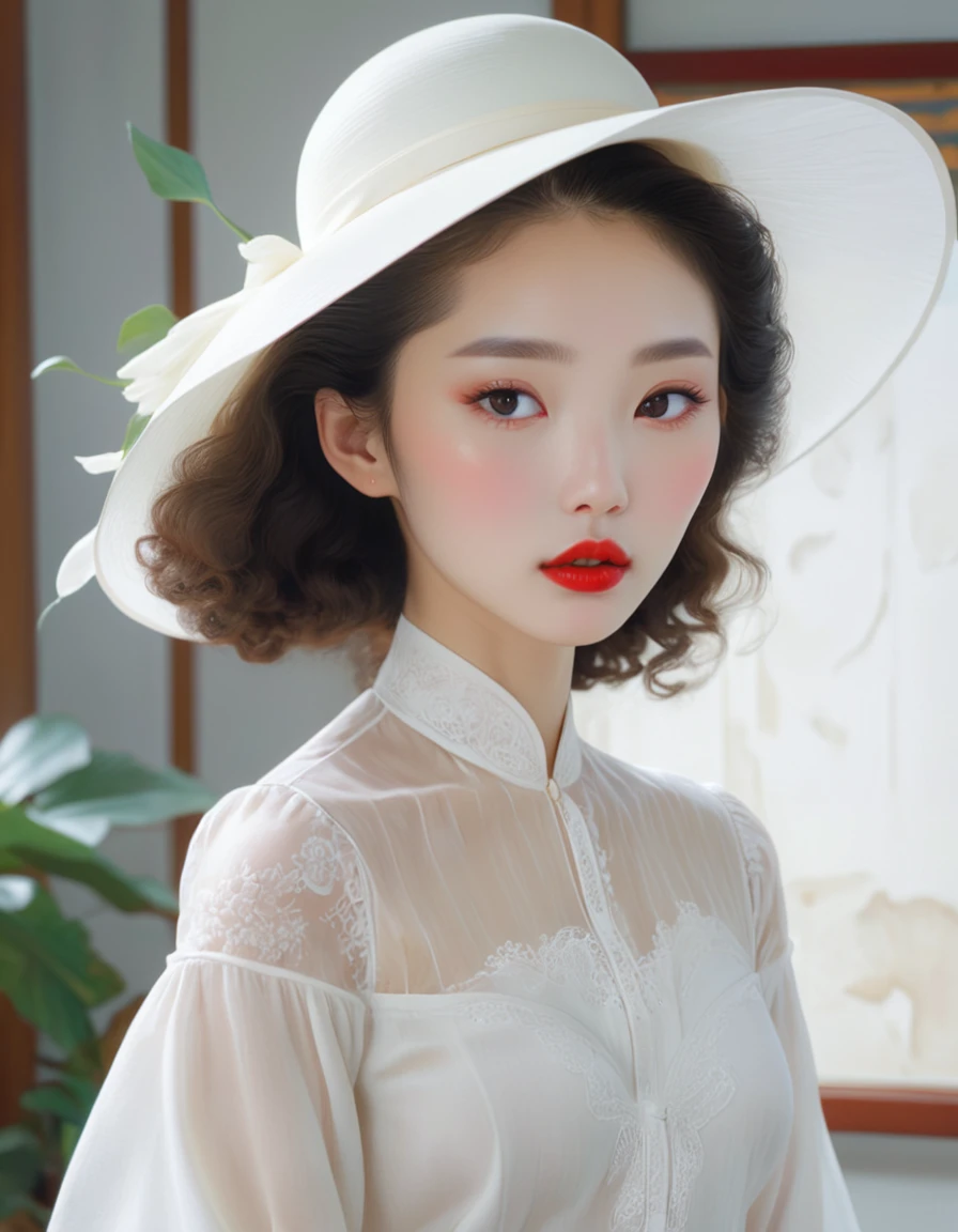 parted_perm long hair,no hat:1.5, red lips, woman wearing blouse, White skin, Guweizu, Guweizu masterpiece, artwork in the style of Guweizu, soft portrait 8k, pale ,  by Russell Lu Dongjun, pale 피부, Elegant woman with clear skin,