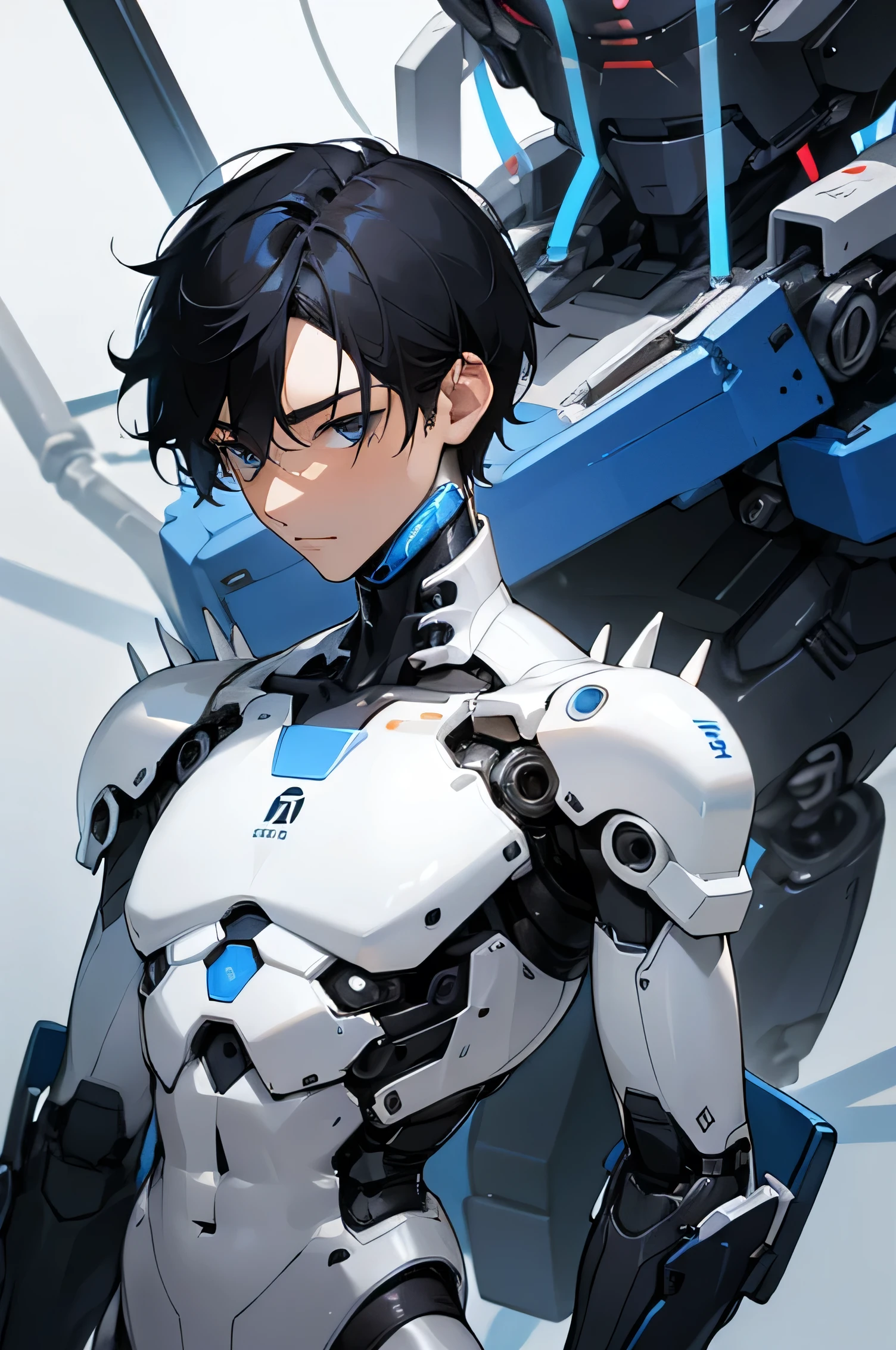 Handsome man 30 years old Japanese model　Very short, cropped black hair　Soft Macho　　　White and blue mechanical parts attached to bare skin　Nude, white and blue android parts being fitted　　　Naked with white exoskeleton mechanical parts　　　future　　Parts being attached to the bare skin on the right side of the body　The right half of the body is bare skin with white mechanical parts　Full body portrait　Human body transformation