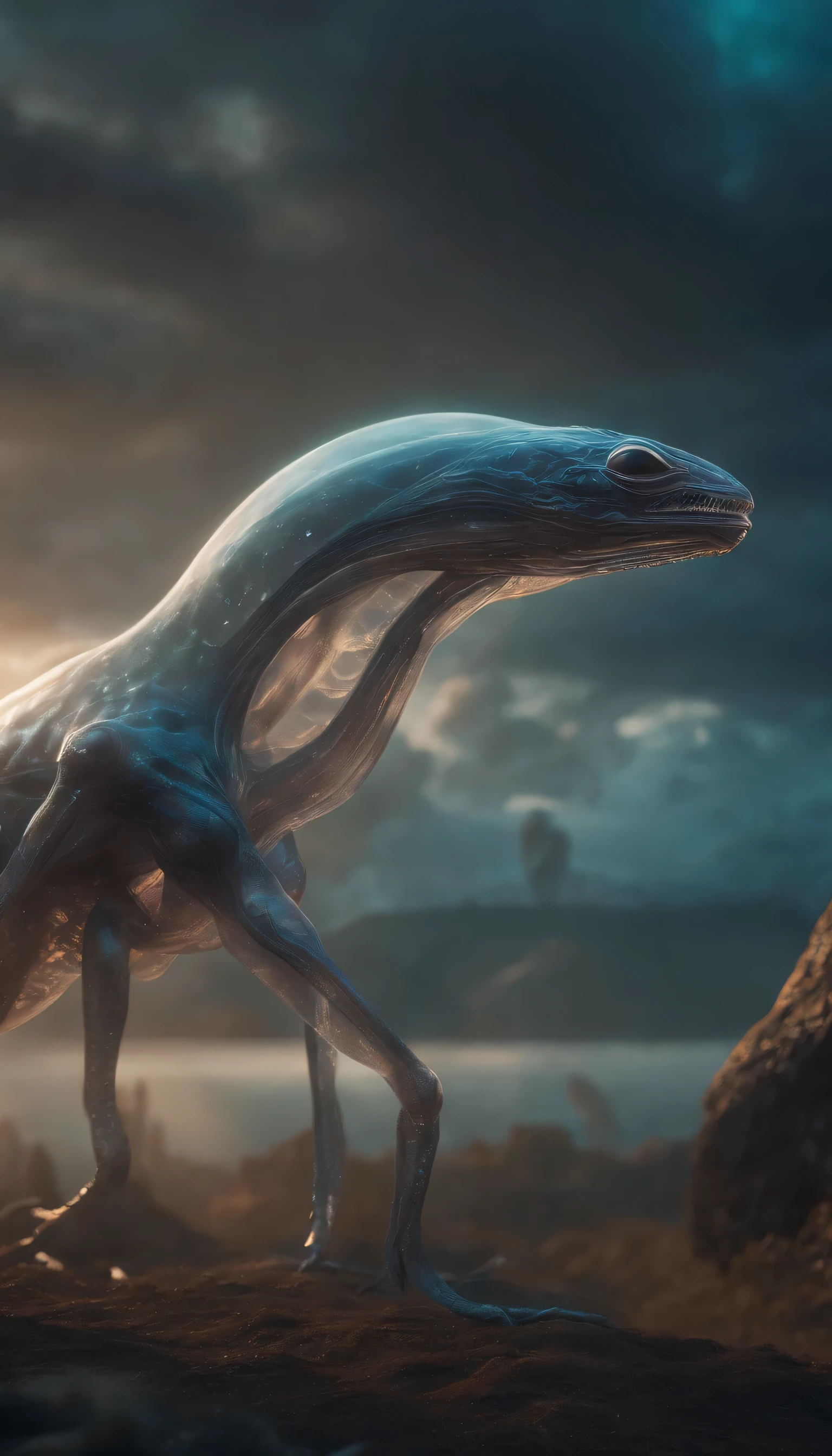 A transparent, ethereal alien creature.,The shot in the middle of the scene is,like full body., Highly detailed surreal VFX,oc already displayed,Shot with 70mm. - AR 16:9 --q 2 --s 1,000