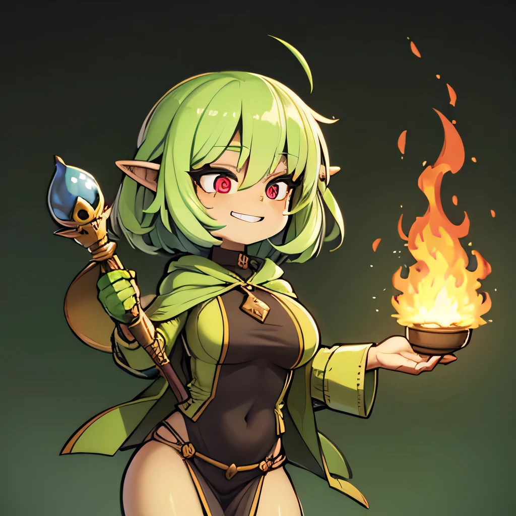 A cute green-SKIN goblin shortstack, slightly pudgy, female goblin dressed in magic robes with a big hanging hood, homding two orbs of magical fire energy