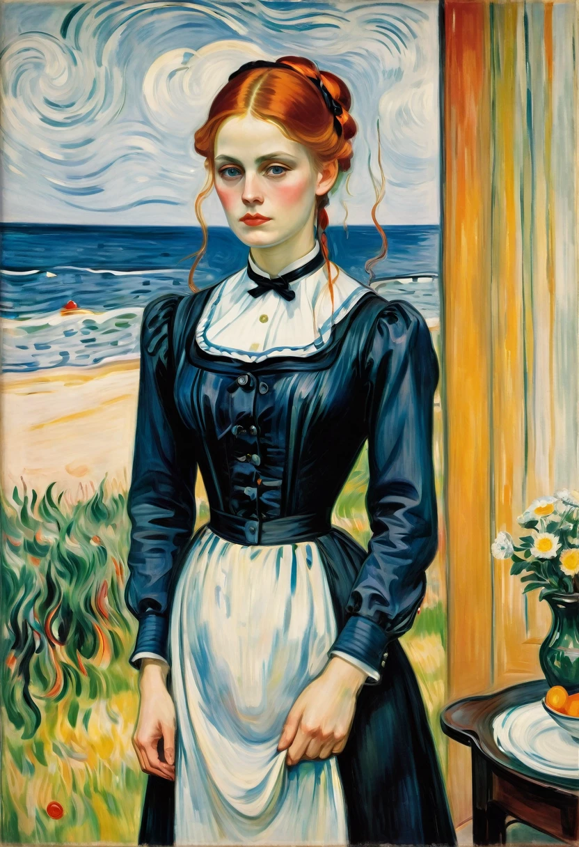 Maid Outfit, by Edvard Munch, best quality, masterpiece, very aesthetic, perfect composition, intricate details, ultra-detailed
