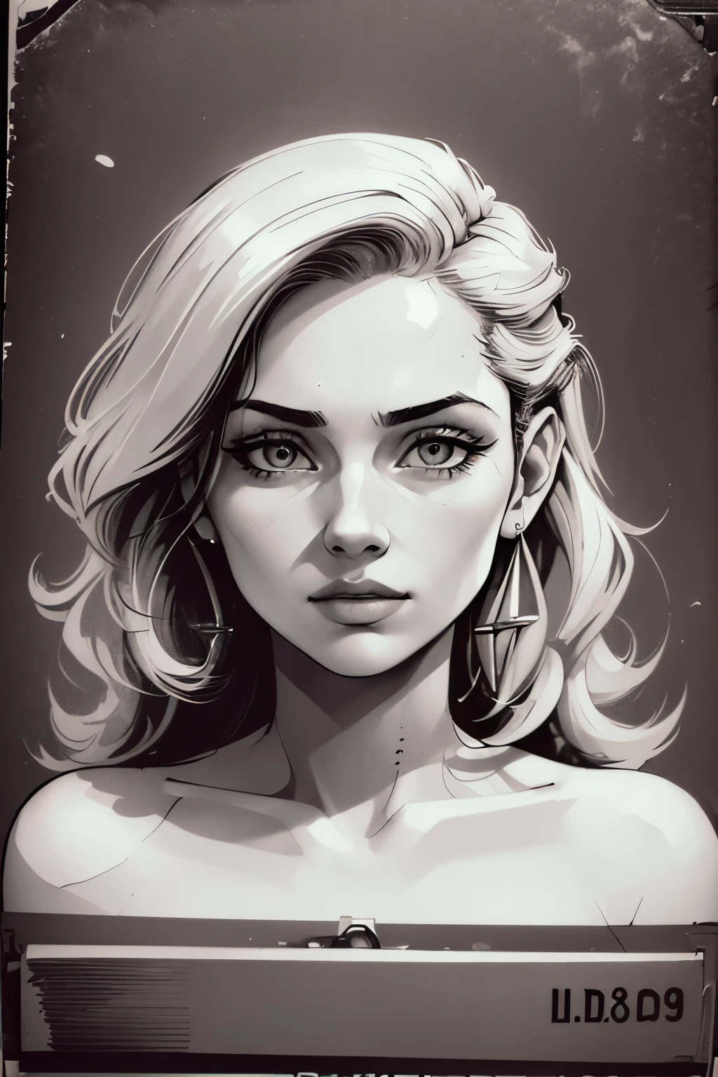 A girl in a mugshot, sketch, black and white, cute, detailed features, vintage style, high contrast lighting, expressive eyes, tousled hair. (best quality, highres, realistic:1.37), vintage, monochrome, intense gaze, dramatic lighting, rugged background, distressed paper texture, retro vibes, id photo, front view