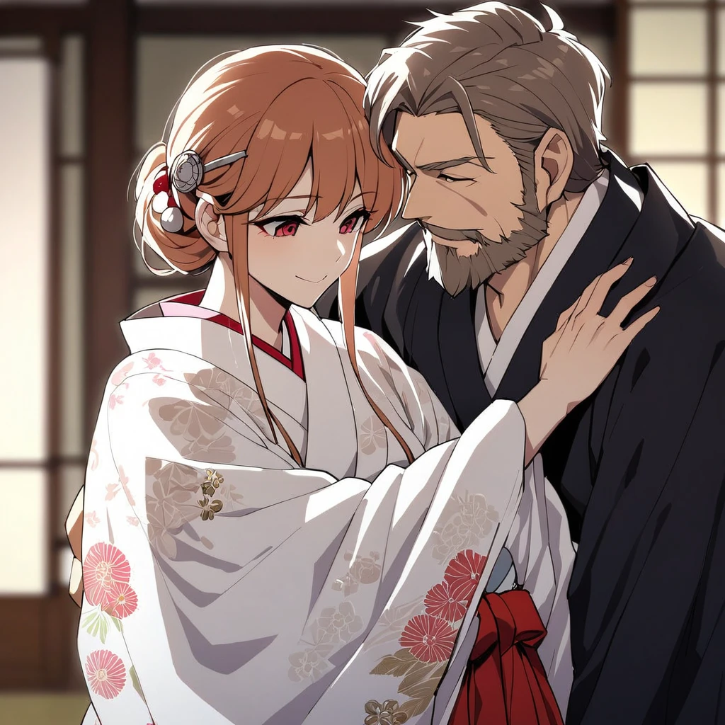 ((highest quality)), ((masterpiece)), (detailed), （Perfect Face）、（The woman is Princess Leona, with long light brown hair tied in a Japanese hairstyle, a Hina doll hairstyle, a slender figure but with a normal bust, a gentle smile, and is in a luxurious samurai mansion. The woman is the wife of Oda Nobunaga, and is wearing a gorgeous, brightly colored, patterned, and embroidered uchikake kimono, a Japanese hairstyle, a beautiful hairpin, and gorgeous accessories from the Edo period.）、The man and woman are close together, the husband is 60 and the wife is 32.、The man is Oda Nobunaga, a dignified man with a beard, wearing a formal crested hakama.、A man is embracing a woman