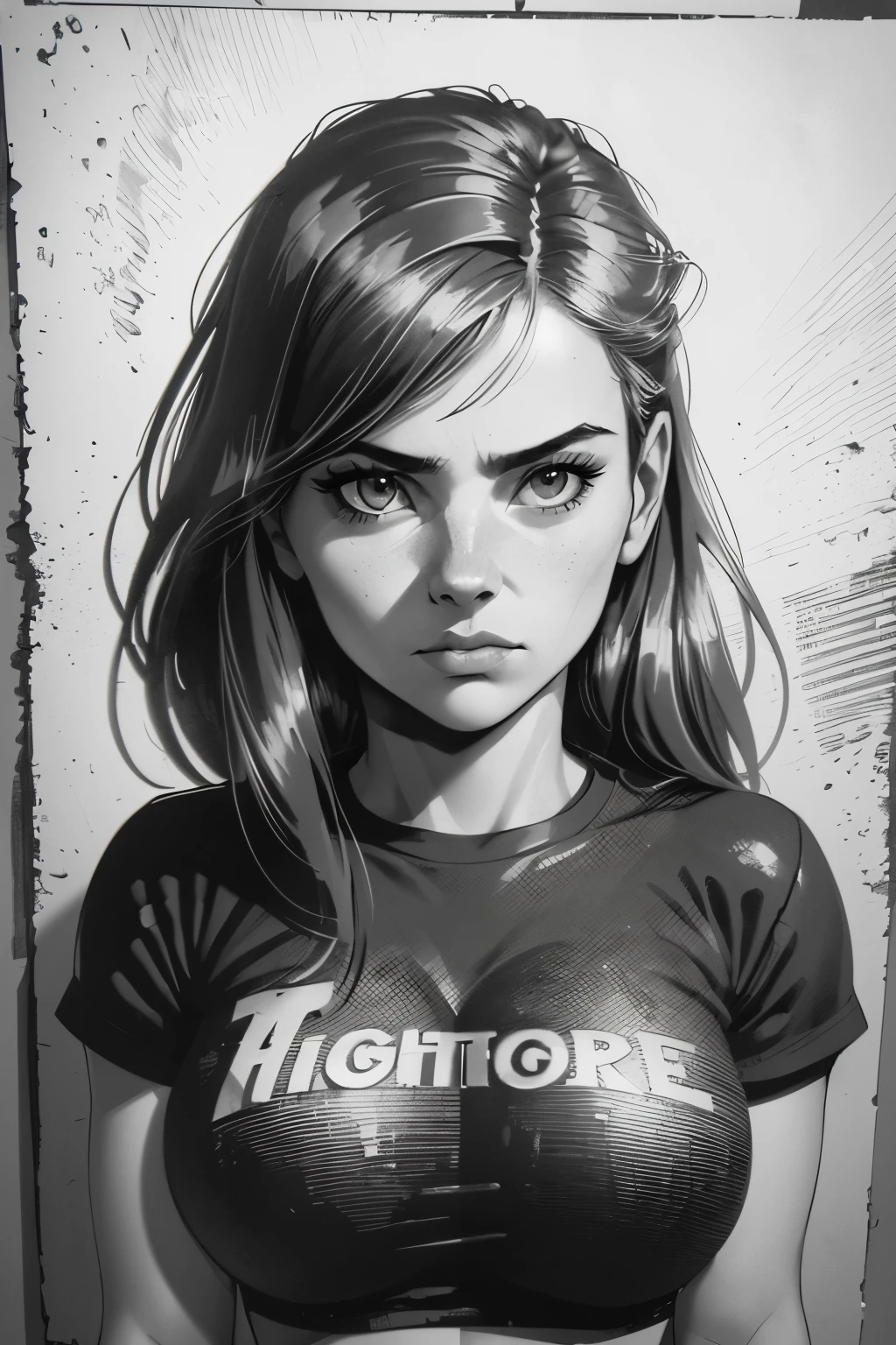A girl in a mugshot, sketch, black and white, detailed features, vintage style, high contrast lighting, expressive eyes, tousled hair. (best quality, highres, realistic:1.37), vintage, monochrome, intense gaze, dramatic lighting, rugged background, distressed paper texture, retro vibes, id photo, front view