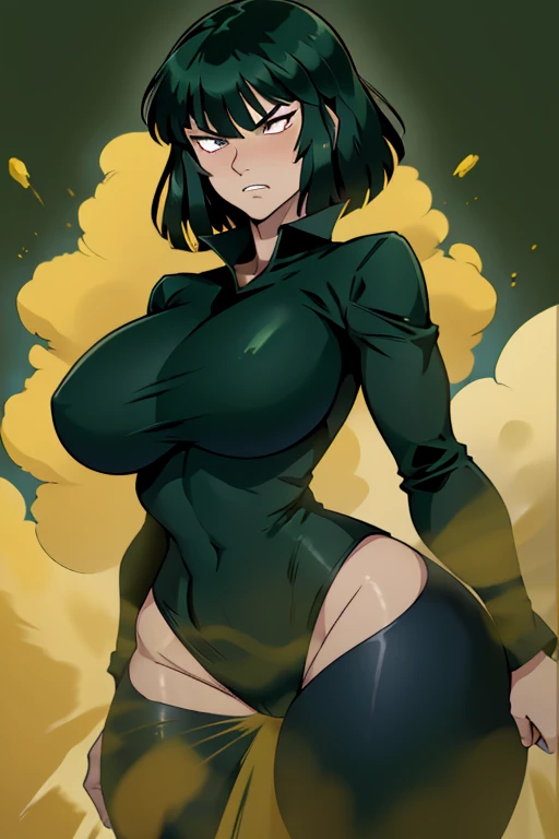 Fubuki, wearing default outfit, dark outfit, default hair, dark green hair, farting, fart, yellow fart, massive fart, velocity, yellow smoke, tall body, clenching teeth, Headquarter, background headquarters 
