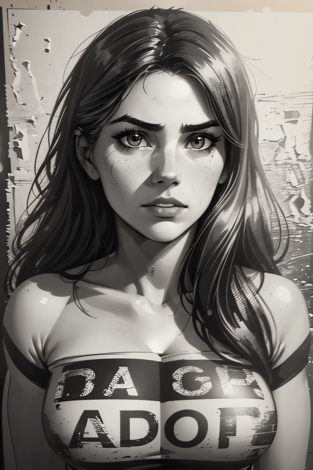 A girl in a mugshot, 22 years, sketch, skinny, black and white, cute body, detailed features, cleavage, vintage style, high contrast lighting, cute eyes,long hair. (best quality, highres), vintage, monochrome, intense gaze, dramatic lighting, rugged background, distressed paper texture, retro vibes, id photo, front view