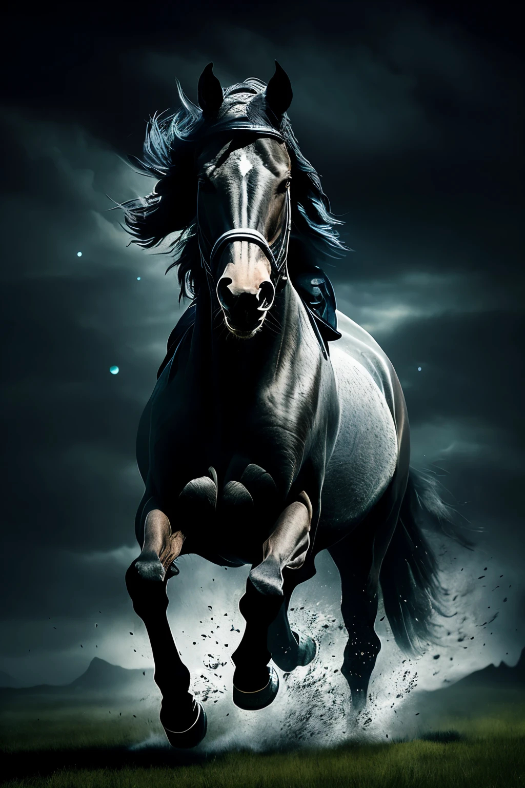 A striking, highly detailed image of a black horse galloping across a lush, emerald-green grass field under a star-studded, moonlit night sky. The cinematic style exudes a magical and epic atmosphere. The moon casts a cool, silver-white glow, creating long, dynamic shadows that dance across the landscape. The palette is dominated by deep, cool blues and dark grays, with the occasional lacteal pathway tracing the horse's movement. The dynamic composition perfectly captures the horse's power and the emotions evoked by this enchanting, nocturnal scene. This image, with its intricate details and cinematic lighting, is a stunning masterpiece worthy