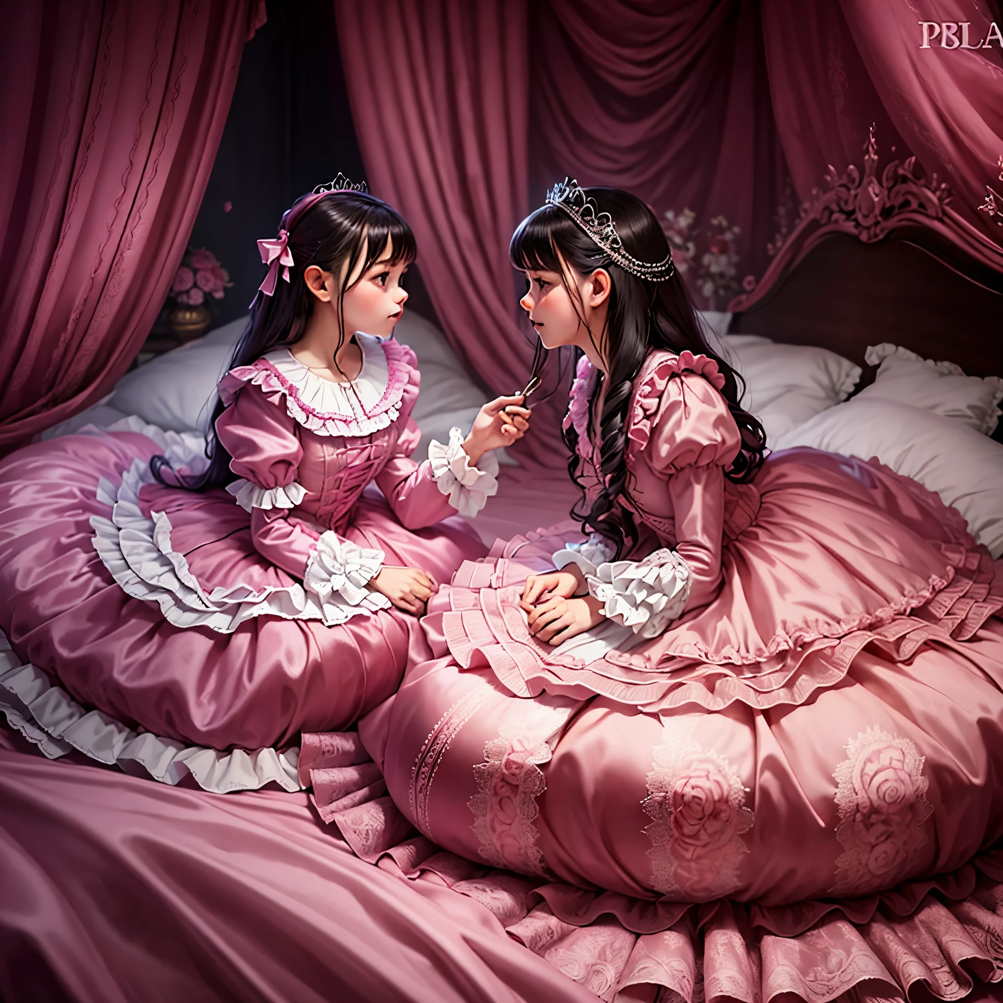 ,highest quality, masterpiece, highest resolution, artwork, super それにget used to it, many get used to it, get used to it, それにget used to it, 3K realistic photos,,((10 year old little girls)),Super detailed baby face,both are princesses,detailed luxury tiara,Full length ball gown dress with hoop skirt,ruffle yoke collar,Detailed braided ribbon at chest,puff sleeves,long sleeve,((lolita style hot pink princess satin dress、Comes with lots of frills and ribbons。)),crazy'colorful fashion,shiny silk satin dress,soft and smooth silk satin fabric,luxury,Very long blonde hair,blue eyes,white skin european,pajamas,((inside the palace)),Princess dancing happily,gorgeous flowing dress,fine white frills and lace,Super long hair that is as tall as your body,white long socks,drawers with lots of frills,castle bedroom at night,Super long flowing hair,on the bed,Luxurious canopy on the bed,Huge, spacious bed,Pink pillow with lots of frills,Silk satin pink curtains with luxurious ruffles and ribbons surround the bed,princess sitting on bed,Pillows piled up behind the princess,A princess leaning on a pile of pillows,Long hair scattered like a fan on the bed,
