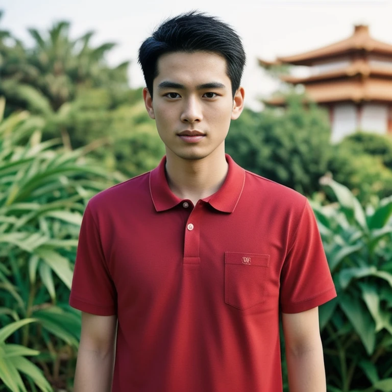 arafed man in black shirt standing in front of a pagoda, wearing a polo shirt, Asian man, light stubble with black shirt สวมชุดทางการสีดำ, Damian Tran, wearing black, Handsome Chad Chin, black shirt, Asian people, Christopher Chao, A well-maintained model, Inspired by David Diao, Profile picture, Southeast Asians with round faces