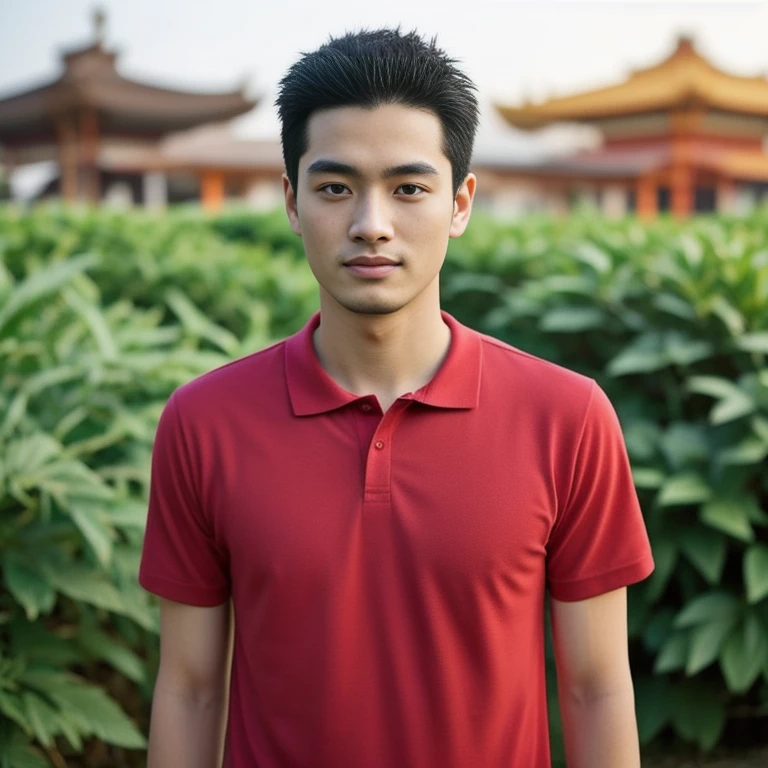 arafed man in black shirt standing in front of a pagoda, wearing a polo shirt, Asian man, light stubble with black shirt สวมชุดทางการสีดำ, Damian Tran, wearing black, Handsome Chad Chin, black shirt, Asian people, Christopher Chao, A well-maintained model, Inspired by David Diao, Profile picture, Southeast Asians with round faces