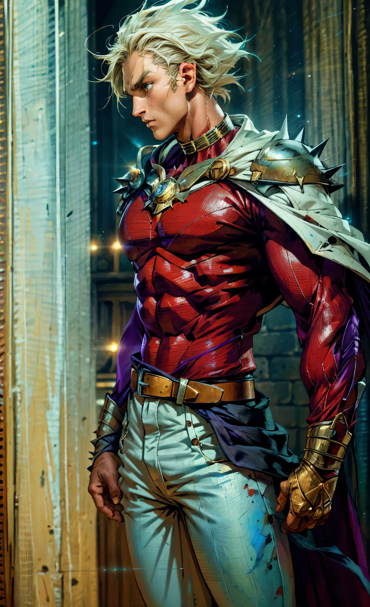 A young man with Greenish-blue spiky short hair, middle part bangs, a disdainful look, slender eyebrows, delicate features, a robust physique, a fantasy-style purple and white tight outfit, a black collar connected to a dark blue cape, a white belt attached to a red and white hem, sky-blue trousers, green flowing light surrounding him, standing on a long street at night, side view, this character embodies a finely crafted fantasy-style warrior in anime style, exquisite and mature manga art style, dramatic, high definition, best quality, highres, ultra-detailed, ultra-fine painting, extremely delicate, professional, perfect body proportions, golden ratio, anatomically correct, symmetrical face, extremely detailed eyes and face, high quality eyes, creativity, RAW photo, UHD, 32k, Natural light, cinematic lighting, masterpiece-anatomy-perfect, masterpiece:1.5