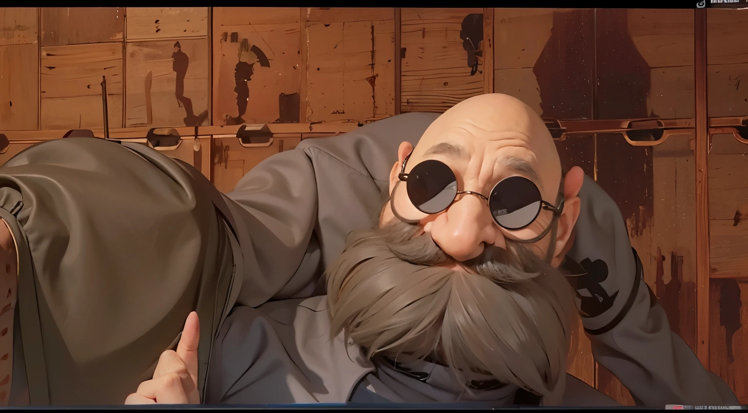 Grandfather, big mustache, round black glasses, bald, grey turtleneck coat