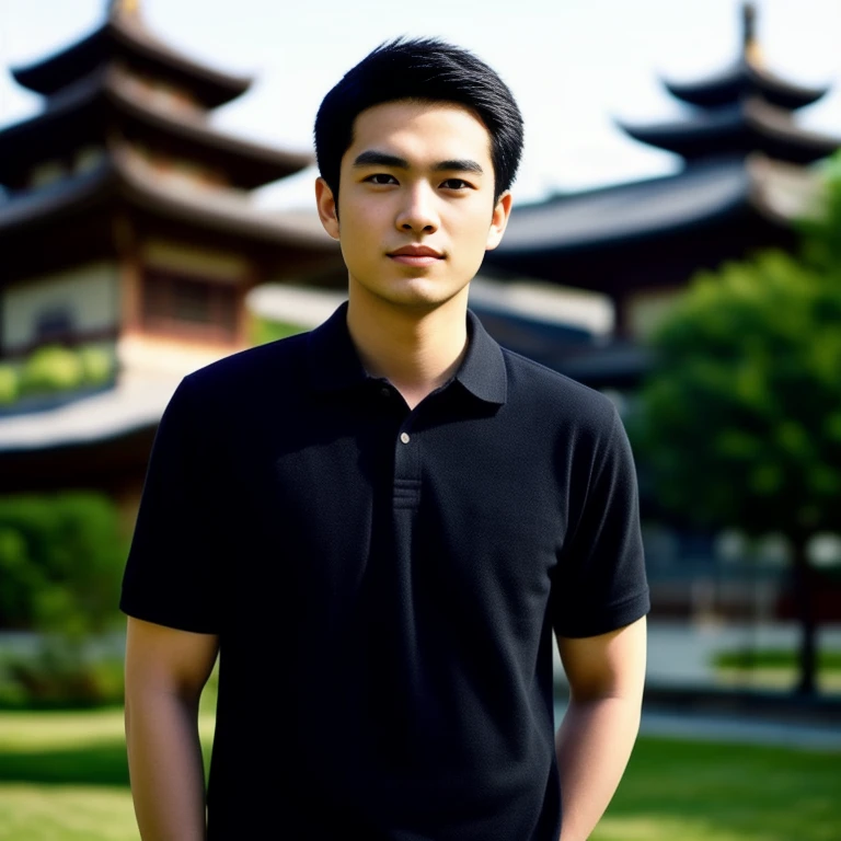 arafed man in black shirt standing in front of a pagoda, wearing a polo shirt, Asian man, light stubble with black shirt สวมชุดทางการสีดำ, Damian Tran, wearing black, Handsome Chad Chin, black shirt, Asian people, Christopher Chao, A well-maintained model, Inspired by David Diao, Profile picture, Southeast Asians with round faces