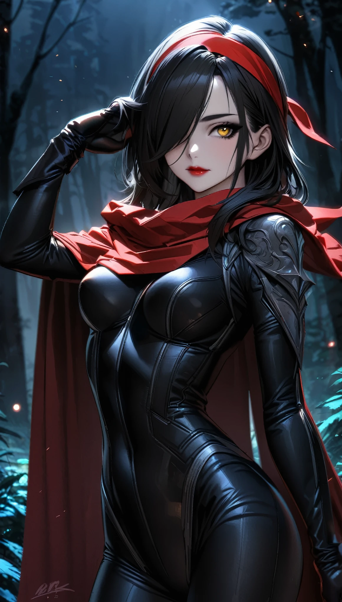 Ultra detailed, Highres, absurdres, HDR, Solo female, 25 years old, Final Fantasy, long messy black hair covering one eye, yellow eyes, beautiful face, red lipstick, black eyeshadow, red cowl and cape, form-fitting red and black bodysuit, gloves, red headband, nighttime, forest background