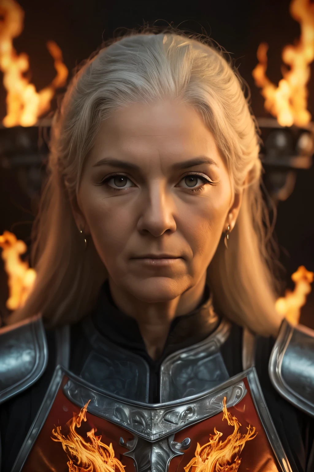 (((Cinematic heavy metal poster))) of Rhaenys Targaryen, (((old woman, 60 years old))) , wearing armor, Gothic style,  (a detailed RAW photo ), (master part:1.0), (best quality:1.4), (Ultra Highres:1.2), (photorealistic:1.4), 8K resolution, Canon EOS R5, 50 millimeters, Absurd, Ultra Detailed, sharp focus, Cinematic lighting, detailed face,  (ULZZANG-6500-V1.1), detailed skin texture, pale skin, chest round, (pale :0.5), Cinematic lighting. (((Abstract flames background)))