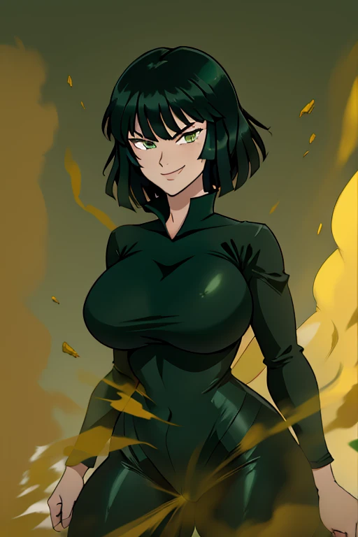 Fubuki, wearing default outfit, dark outfit, default hair, dark green hair, farting, fart, yellow fart, massive fart, velocity, yellow smoke, tall body, smiling, Headquarter, background headquarters 