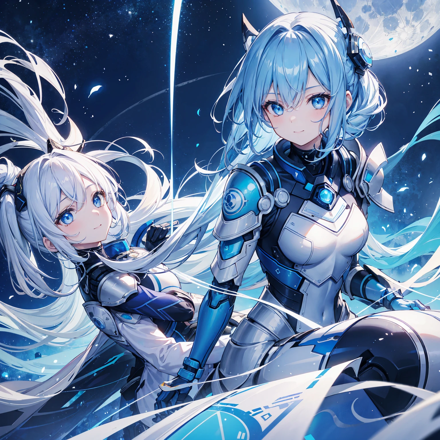 8k, highest quality, (real:1.4), Original photo, 1 girl, Asari Hair, Biological Amplifier, refined armor, posture: Peace talks between warring factions, smart blue eyes,A modest smile、Blue big moon and blue light swirl in the background、Blue light from behind、blue light magic