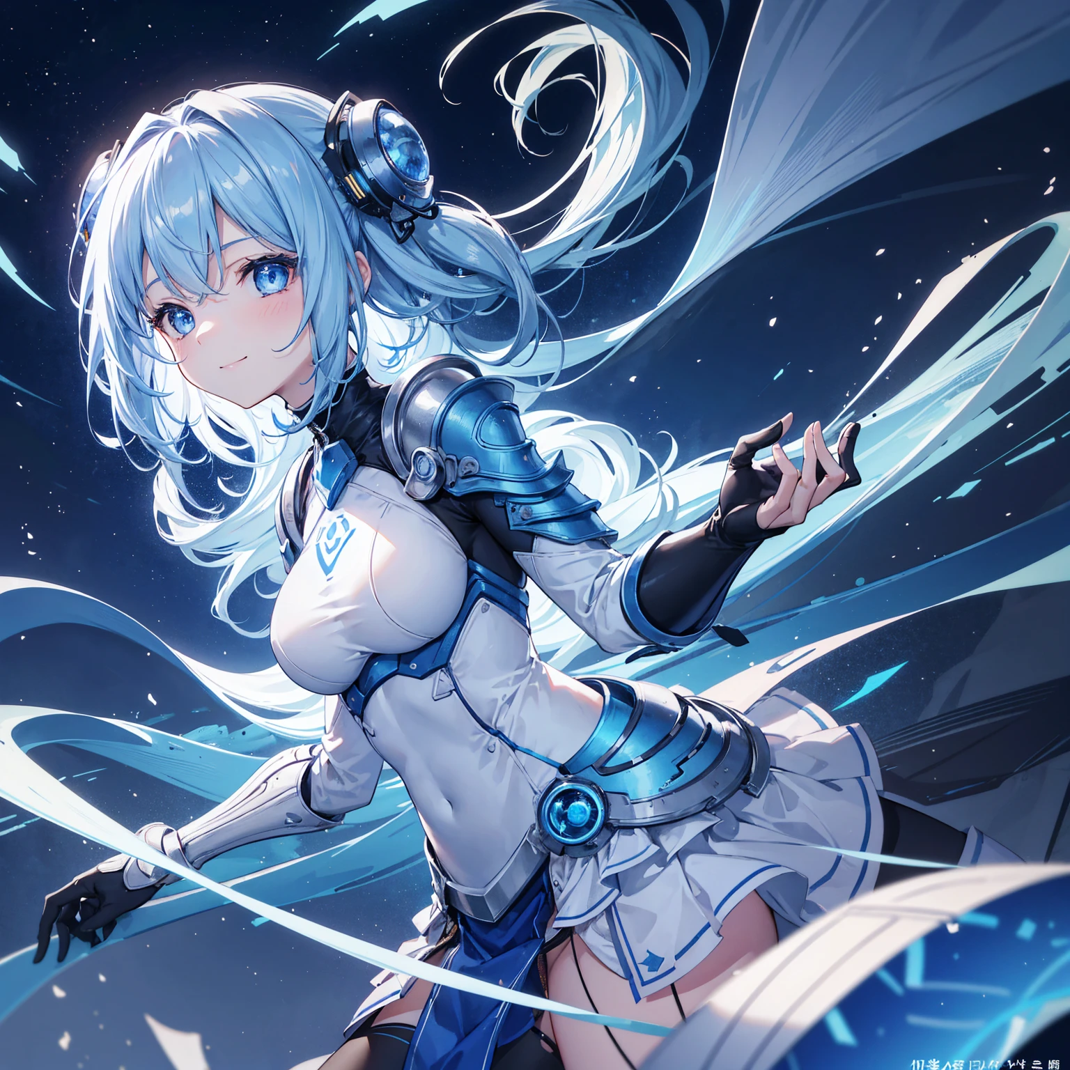 8k, highest quality, (real:1.4), Original photo, 1 girl, Asari Hair, Biological Amplifier, refined armor, posture: Peace talks between warring factions, smart blue eyes,A modest smile、Blue big moon and blue light swirl in the background、Blue light from behind、blue light magic