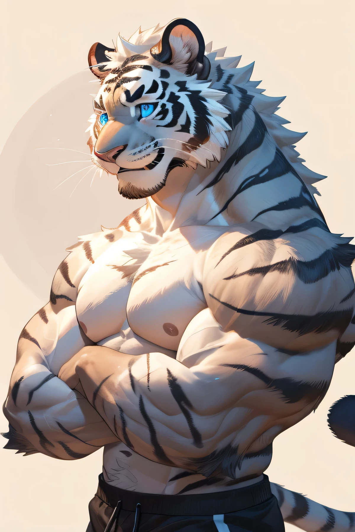 strong，Handsome，muscle，Topless，shorts，male，White Tiger，exquisite，clear，Smile，Close-up of face，Azuka blue pupils，Delicate face，Clear eyes