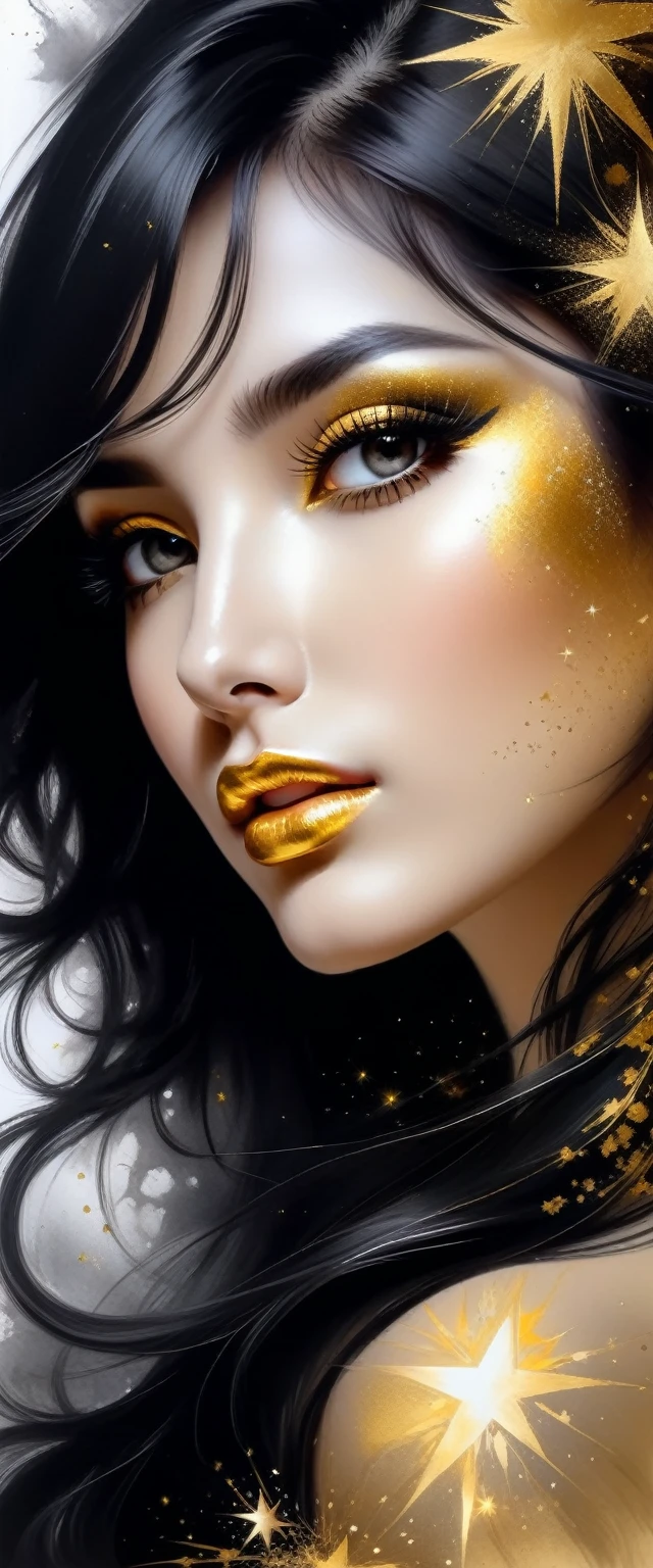 Gorgeous and hot Female face drawing with charcoal, long black hair, Pino Daeni style.
golden patterns, golden and black spirit, liquid gold explosion, golden smoke magic, star dust, golden milky way, black background, magic fog, alcohol ink,