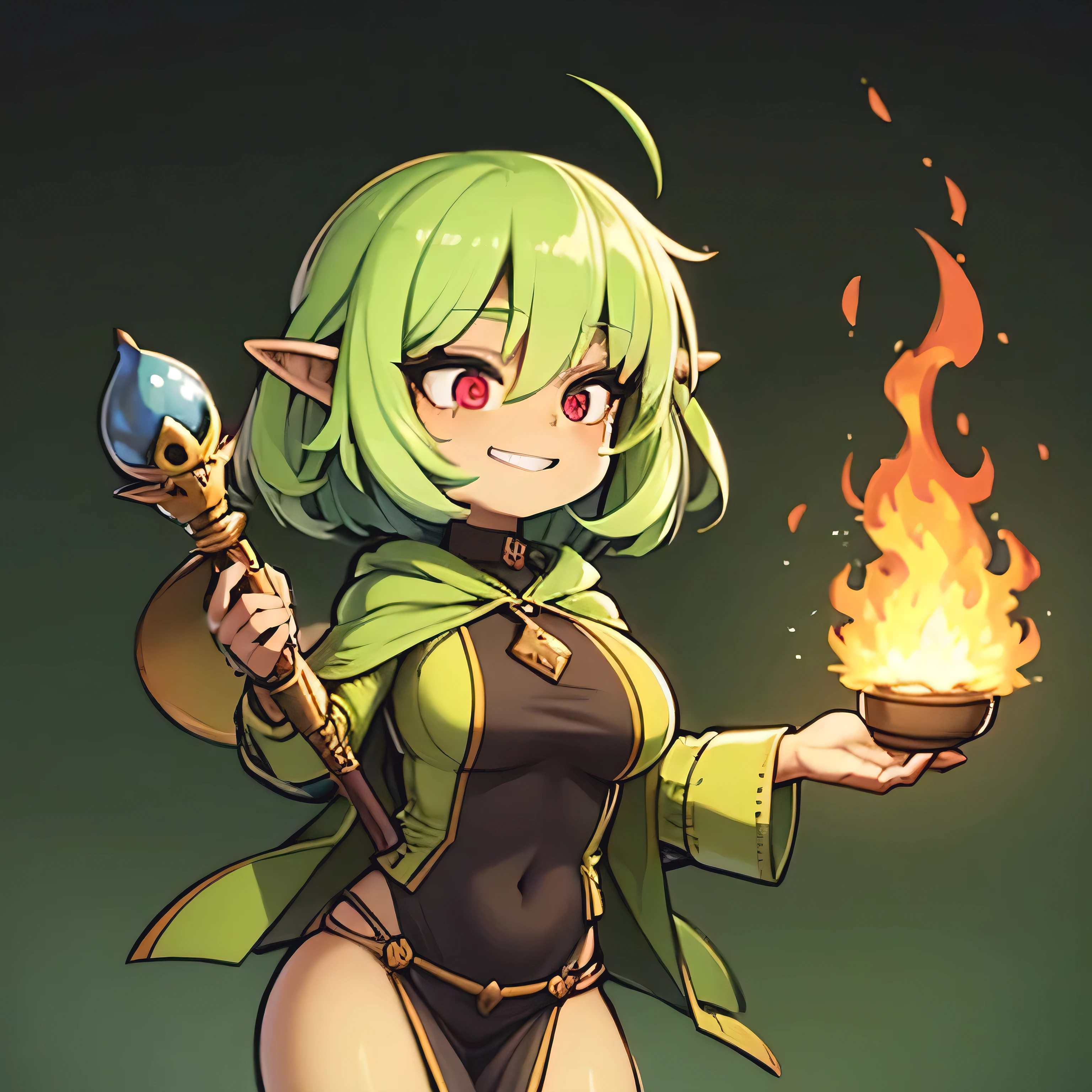 A cute green-SKIN goblin shortstack, slightly pudgy, female goblin dressed in magic robes with a big hanging hood, homding two orbs of magical fire energy