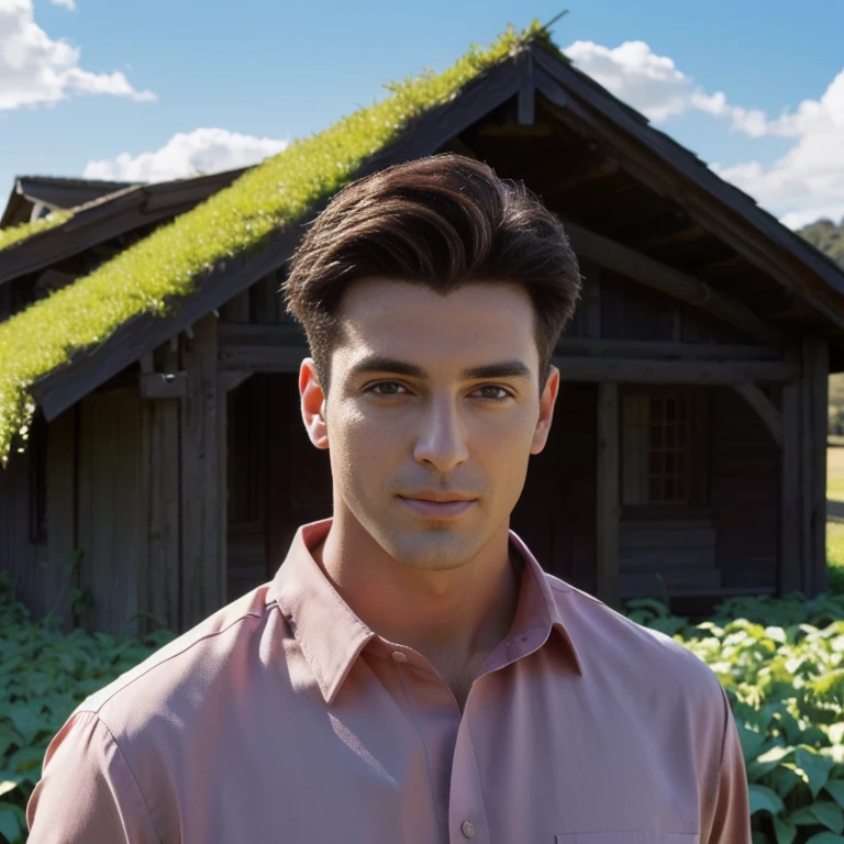arafed man in a red shirt standing in a field of green plants, light stubble with red shirt, in a high-resolution field, Inspired by Rudy Sisvanto, red shirt, background artwork, Soft portrait 8 k, semi-realistic rendering, Realistic scenes, Realistic picture, Highly detailed vfx images, Rendering 2 days, Matte portrait photography, high quality vertical