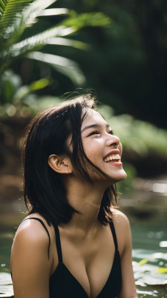 (best quality,realistic,highres,masterpiece:1.2),ultra-detailed,photorealistic:1.37,portrait,indian South African women wearing a black bikini, laughing in the rain,night,summer,lustful,film grain,Ilford HP5,85mm