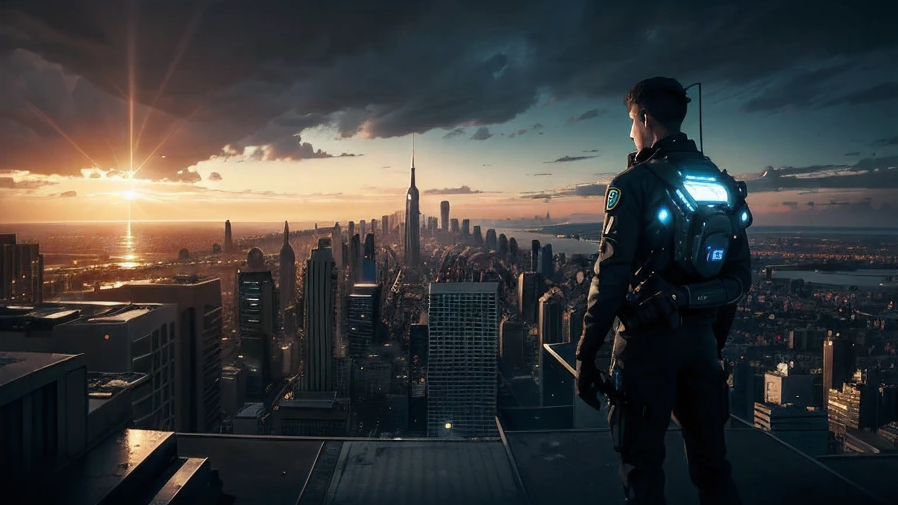 Background image: A futuristic urban skyline with illuminated skyscrapers and medical robots patrolling the deserted streets.
Additional elements:
- The protagonist's face in the foreground with a faded effect, similar to movie covers.
- In the bottom left, a crowd of desperate people huddles around a closed hospital.
- In the top right, the sun rises on the horizon, symbolizing the hope of a new beginning.
Colors: Dark gray and deep blue tones, with a golden beam of light illuminating the title and subtitle.
Style: The cover is futuristic yet bleak, reflecting the dystopian theme of the novel. The protagonist's figure adds a human and hopeful element, suggesting that redemption for humanity is still possible.