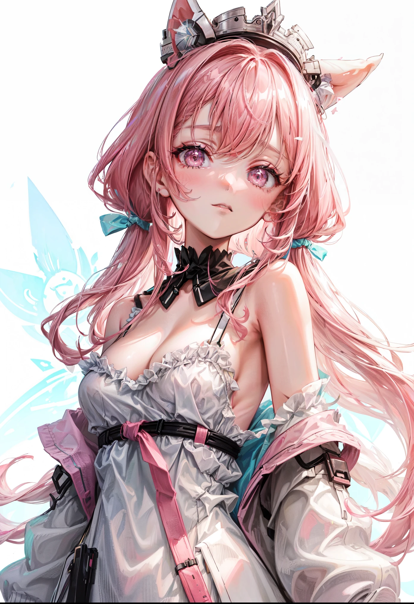 middle-aged girl,25 year girl,long pink hair, reddish-pink lips,In a bright white shirt,Pastel palette in aurora punk style,anime illustration of her face,Animated GIFs,Hand-drawn animation,Fascinating sketch,smooth and shiny,Foggy romanticism,Super flat style,White background -- ar 1:1-niji 5-expressive style-with 50,cleavage,large breasts,Shoulder straps are detachable, castle in the background