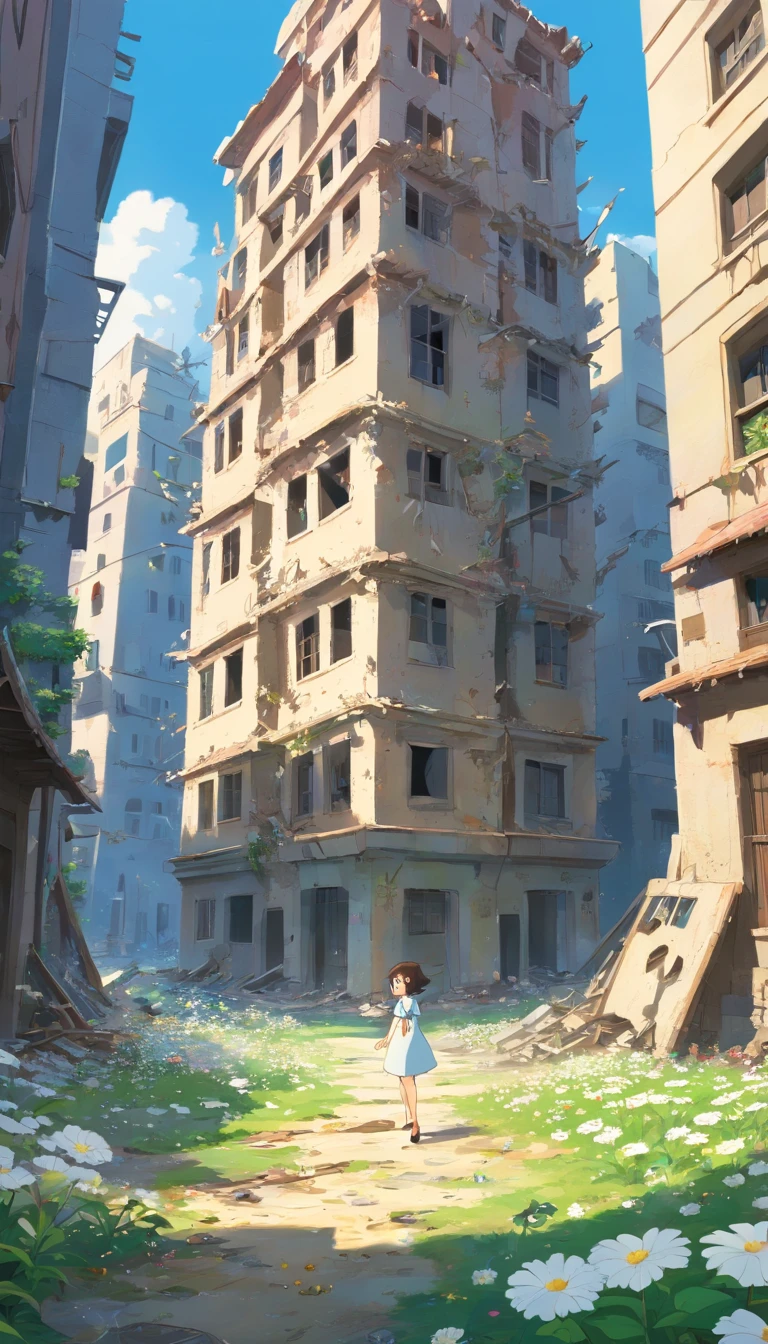 A city destroyed by war, the buildings are broken and shredded. There is a single white flower falling on the ground. It is contrasting to the scene around