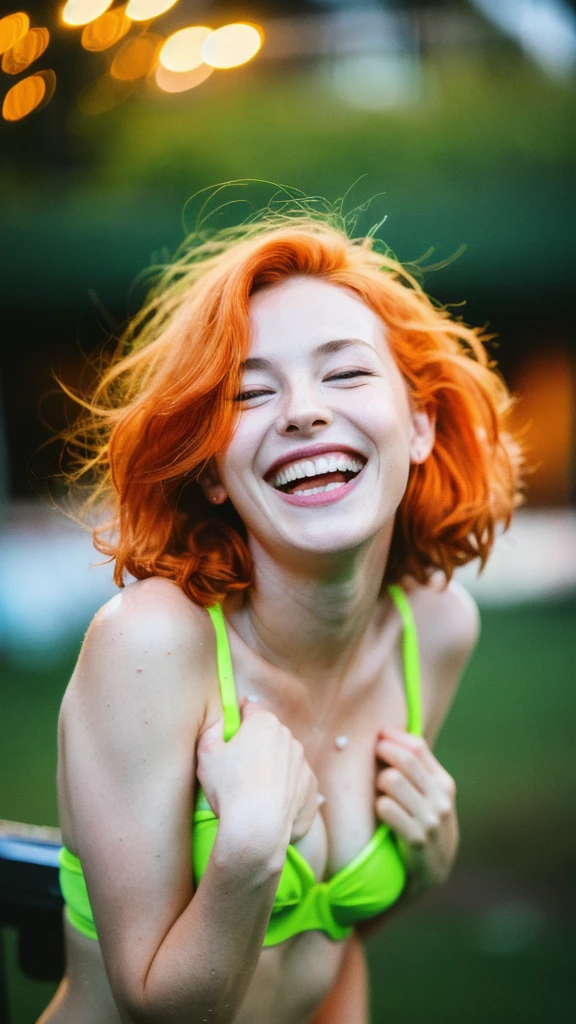 (best quality,realistic,highres,masterpiece:1.2),ultra-detailed,photorealistic:1.37,portrait,white South African women with orange hair wearing a green bikini, laughing in the rain,night,summer,lustful,film grain,Ilford HP5,85mm