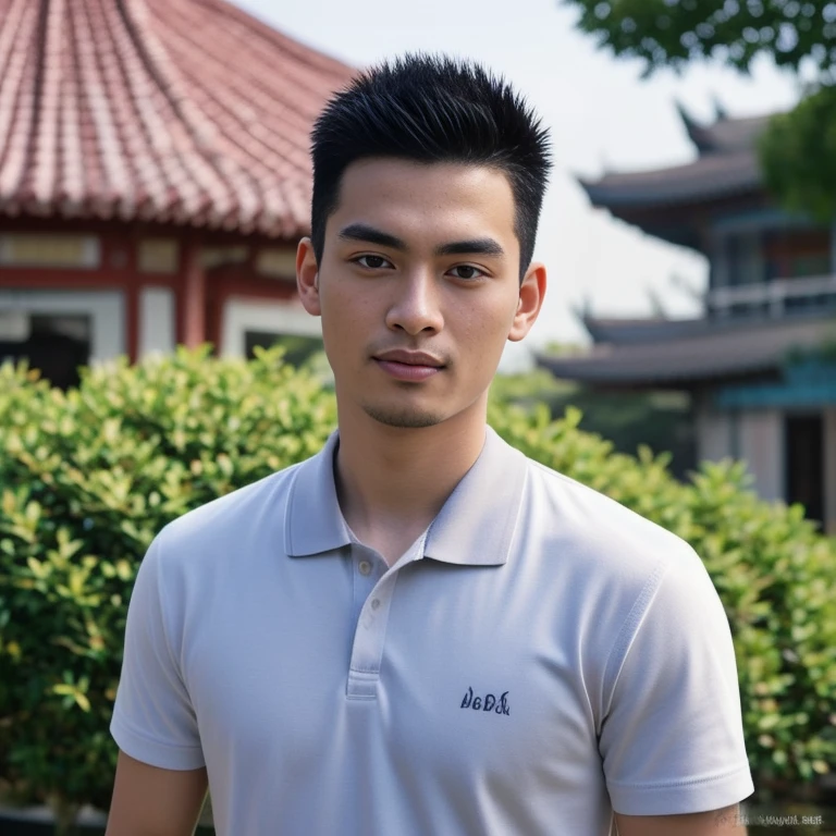 arafed man in black shirt standing in front of a pagoda, wearing a polo shirt, Asian man, light stubble with black shirt สวมชุดทางการสีดำ, Damian Tran, wearing black, Handsome Chad Chin, black shirt, Asian people, Christopher Chao, A well-maintained model, Inspired by David Diao, Profile picture, Southeast Asians with round faces