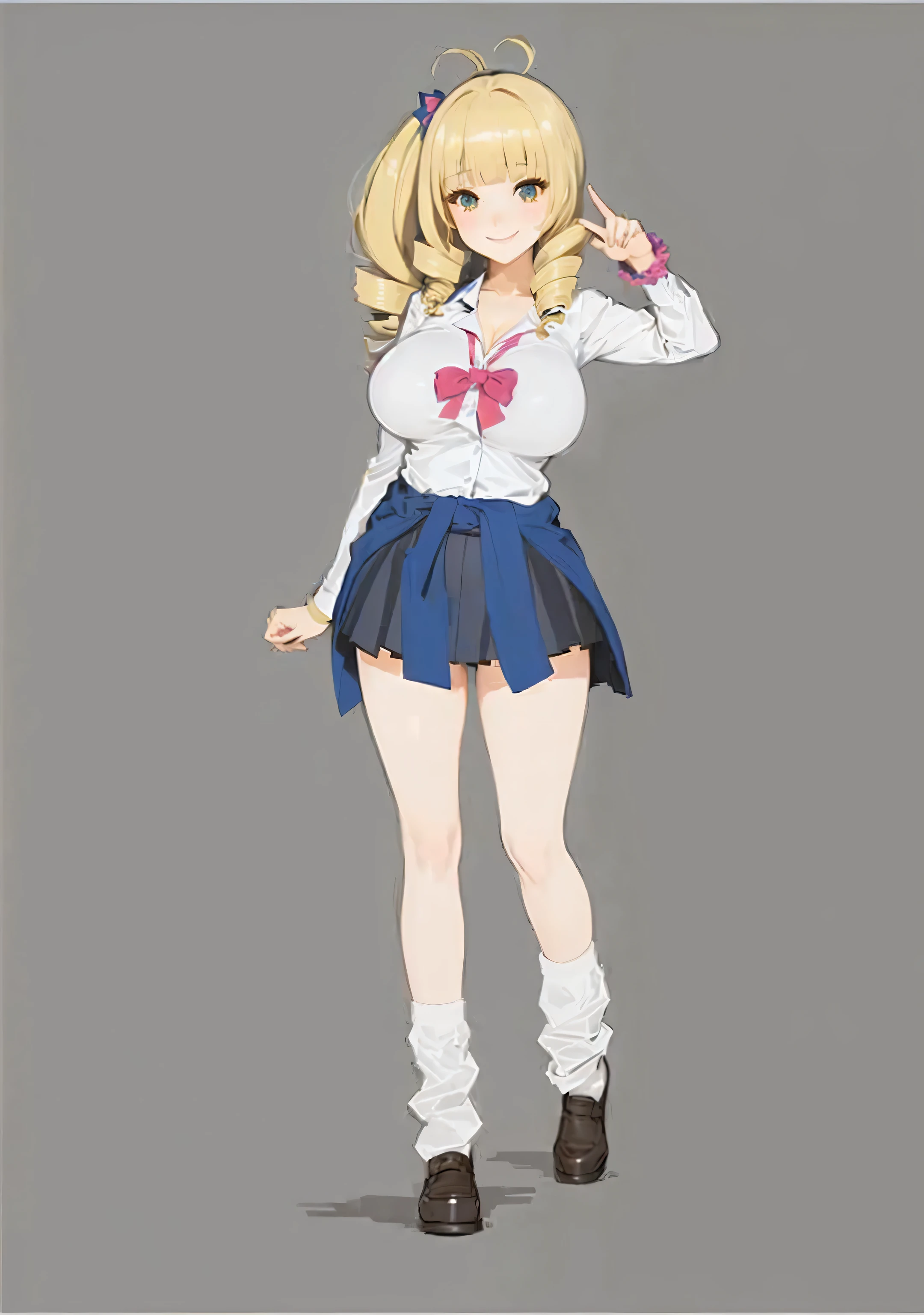 1girl,Huge breasts,thick thighs, wide hips, blonde hair, blunt bangs,
(twin drills:1.2), , blue blazer,gray skirt,black thighhighs,
huge ass,seductive smile, skindentation, drill hair, contrapposto, standing,
ojou-sama pose,hand on own hip, full body, loafers,