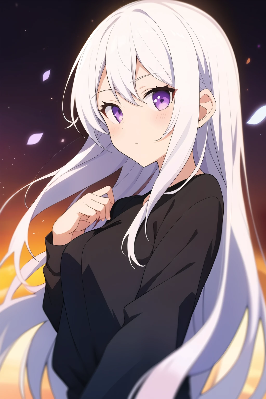 Girl, white hair, purple eyes, anime, black shirt, long hair