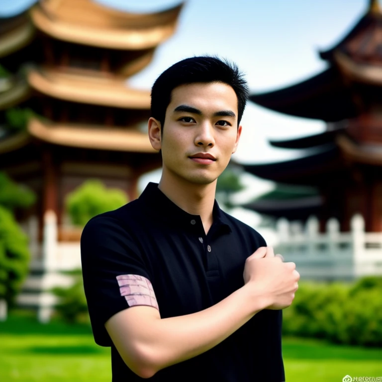 arafed man in black shirt standing in front of a pagoda, wearing a polo shirt, Asian man, light stubble with black shirt สวมชุดทางการสีดำ, Damian Tran, wearing black, Handsome Chad Chin, black shirt, Asian people, Christopher Chao, A well-maintained model, Inspired by David Diao, Profile picture, Southeast Asians with round faces