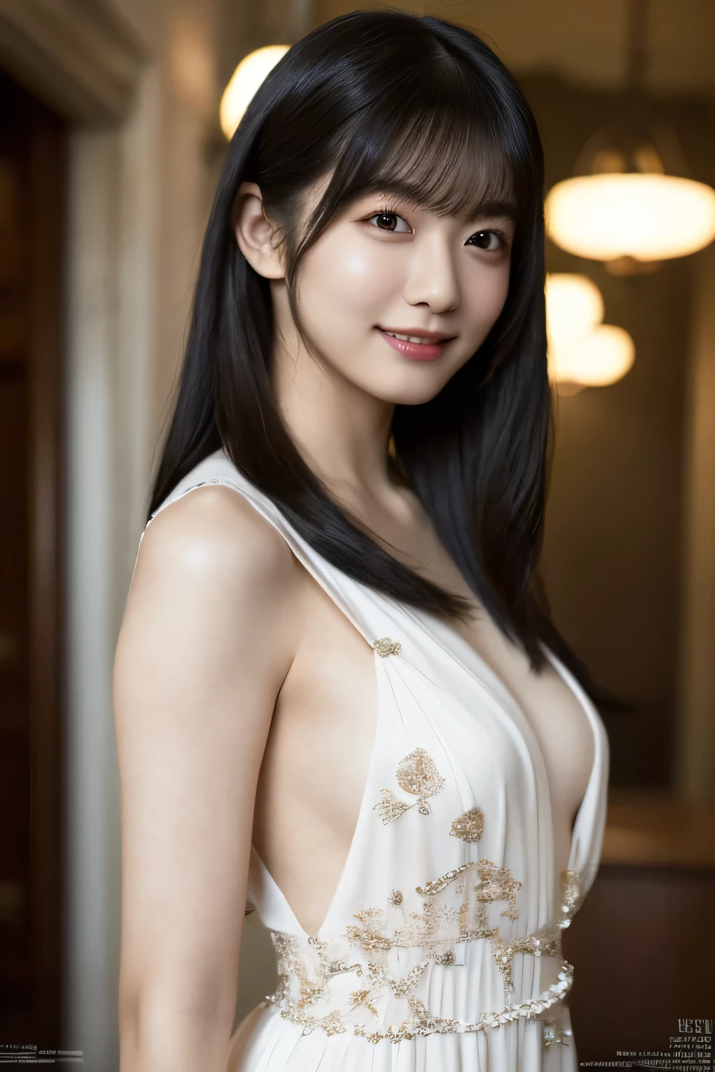 1 girl, (Wear an elegant dress with a sophisticated design:1.2), (Works by famous designers), Very beautiful Japanese idol portraits, 
(RAW Photos, highest quality), (Realistic, Realistic:1.4), (masterpiece), 
Very delicate and beautiful, Very detailed, 2k wallpaper, wonderful, finely, Very detailed CG Unity 8K wallpaper, Very detailed, High resolution, Soft Light, 
Beautiful detailed girl, Very detailed目と顔, Beautiful and sophisticated nose, Finely beautiful eyes, Cinema Lighting, 
(Photo shoot for a fashion magazine:1.3), 
(Semi-long hair), (full body),
Complete Anatomy, Slender body, Small breasts, smile