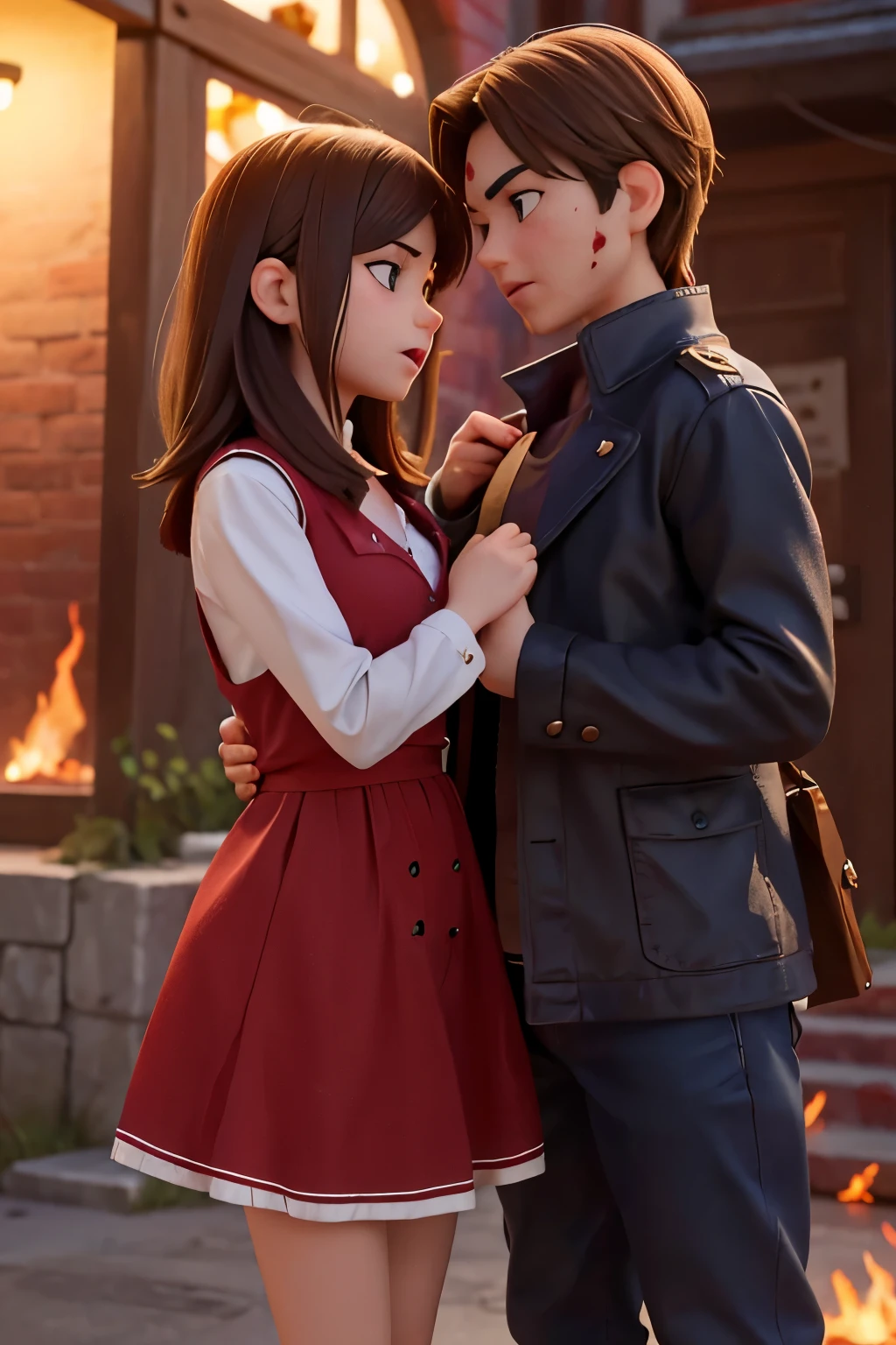 I really liked this animation, I need you to make the character on the left's hair dark brown, and change her clothes to denim shorts and a pink blouse. add more marks of war on both characters, more blood and make these characters even more passionate. more blood on the characters and more marks of war exaggerate the bruises and blood, change the clothes of the character on the right, put on shorts and a t-shirt