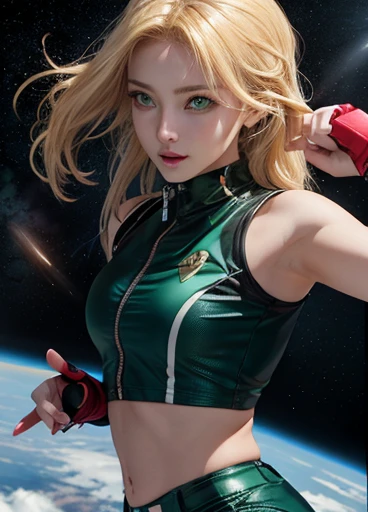 A beautiful blonde European with green eyes wearing a tight-fighting low-cut sentai space uniform,  baremidriff, partially unzipped uniform, hint of nipple