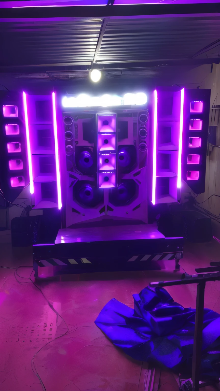 um close de um palco com alto-falantes e luzes em uma sala, DJ set, alto-falantes de palco, grande blaster do gueto, tem seis propulsores na parte traseira, Alto-falantes enormes, DJ, luzes led ao redor do lugar, boombox, superar estilo e cores, nostalgic vibes, cool purple lighting, alto-falantes gigantes, mechanical and neon features, reboque, Visor LED