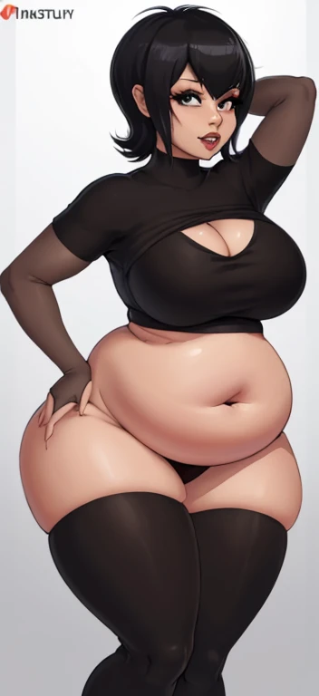 (Masterpiece), (best quality), (detailed), Mavis curvy vampire girl chubby, curvy body type, thick thighs, (wide hips), (chubby belly), (Mavis)