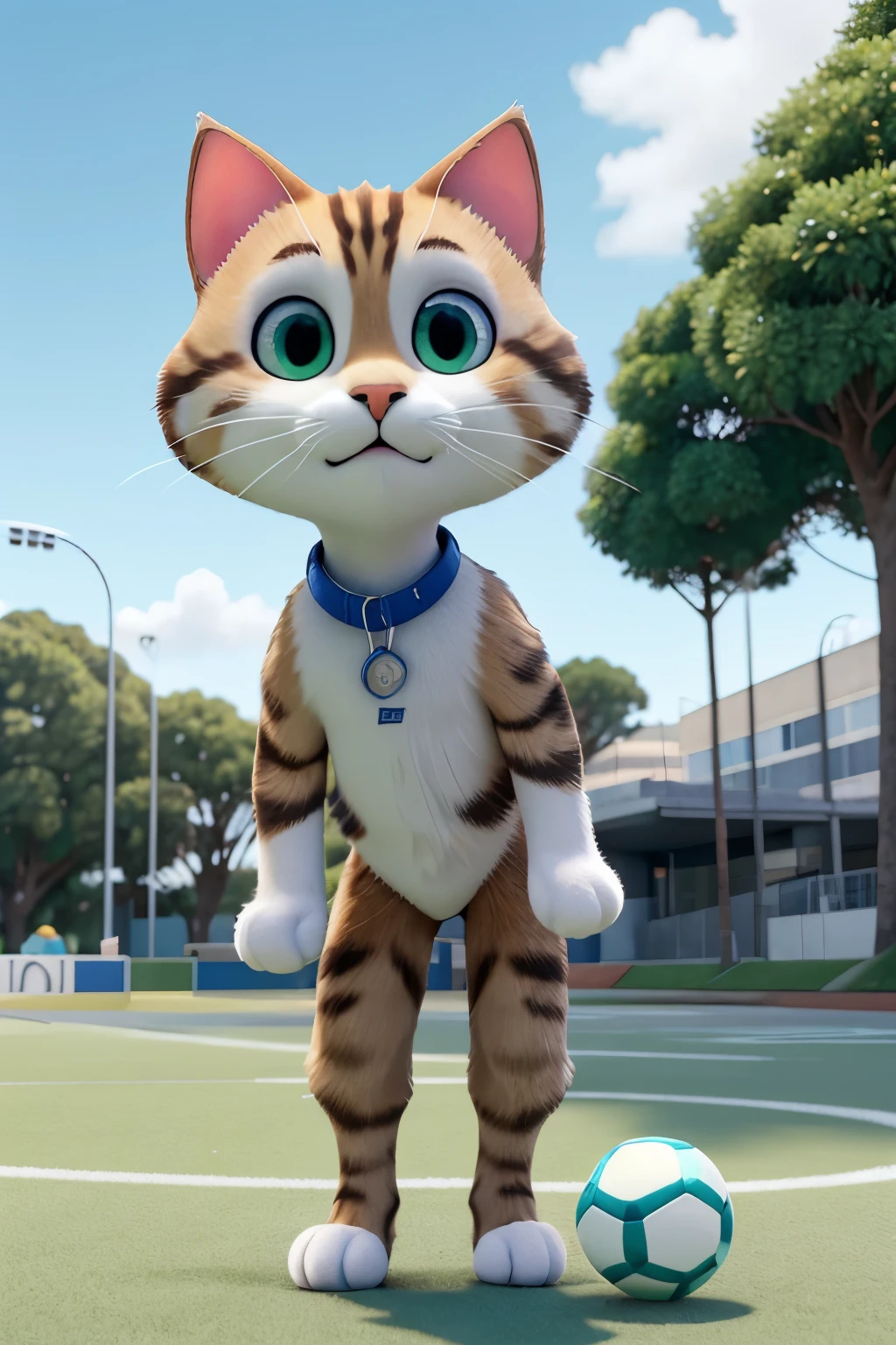 Um belo gato, com olhos azuis espancados de fofura, tocando futebol num campo digital, de alta qualidade UHD. Ele jaqueia a bola com a pata esquerda, enquanto sua outra pata se posiciona para um potente chute. The playing field is clean green, crossed by concrete white lines and geometric objects in the background. A bola reflete a luz em suas cores vibrantes, while the cat performs a technical maneuver, exibindo seus talentos como jogador de futeb