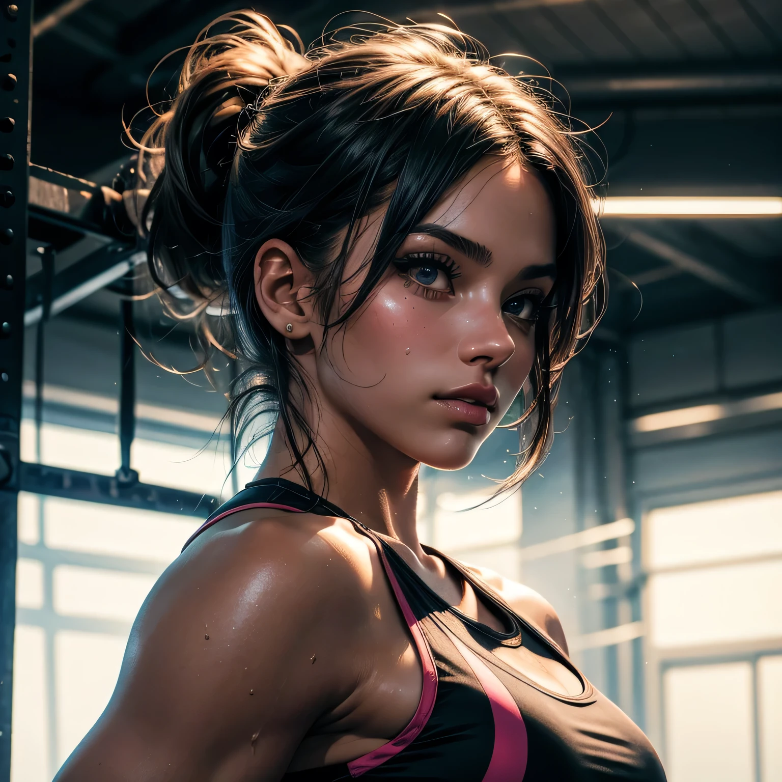 young girl in a gym, incredibly detailed, chiaroscuro lighting, photorealistic, highly detailed, beautiful detailed eyes, beautiful detailed lips, extremely detailed face, long eyelashes, athletic fit body, tight workout clothes, athletic, dynamic pose, sweat glistening skin, colorful gym equipment in background, cinematic composition, dramatic lighting, vibrant colors, 8k, high resolution, masterpiece
