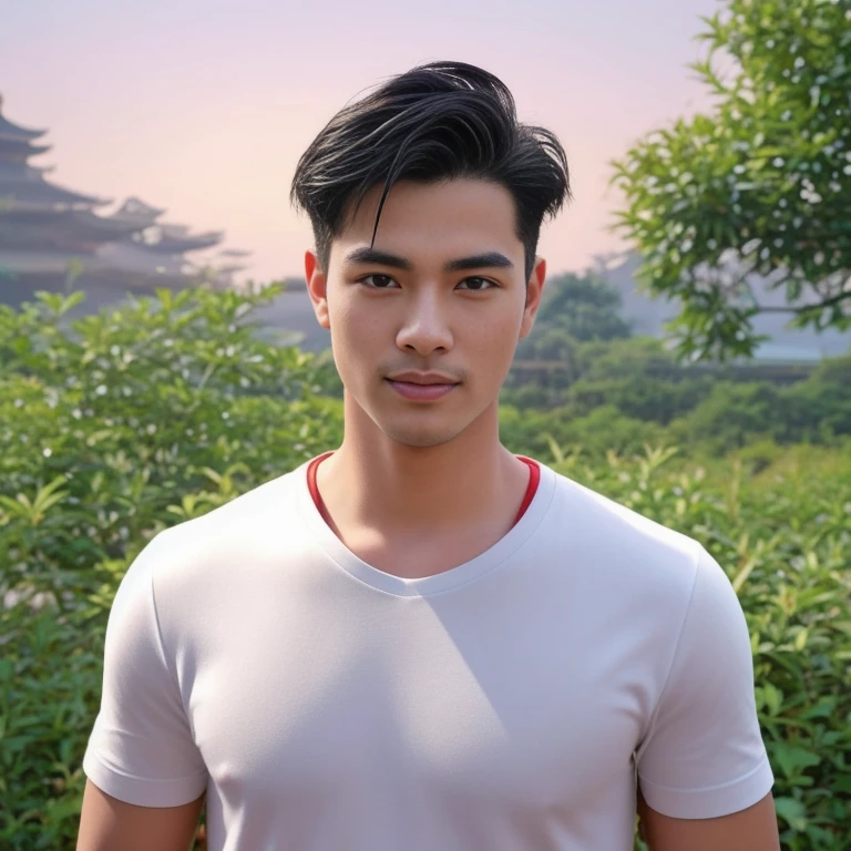 arafed man in black shirt standing in front of a pagoda, wearing a polo shirt, Asian man, light stubble with black shirt สวมชุดทางการสีดำ, Damian Tran, wearing black, Handsome Chad Chin, black shirt, Asian people, Christopher Chao, A well-maintained model, Inspired by David Diao, Profile picture, Southeast Asians with round faces