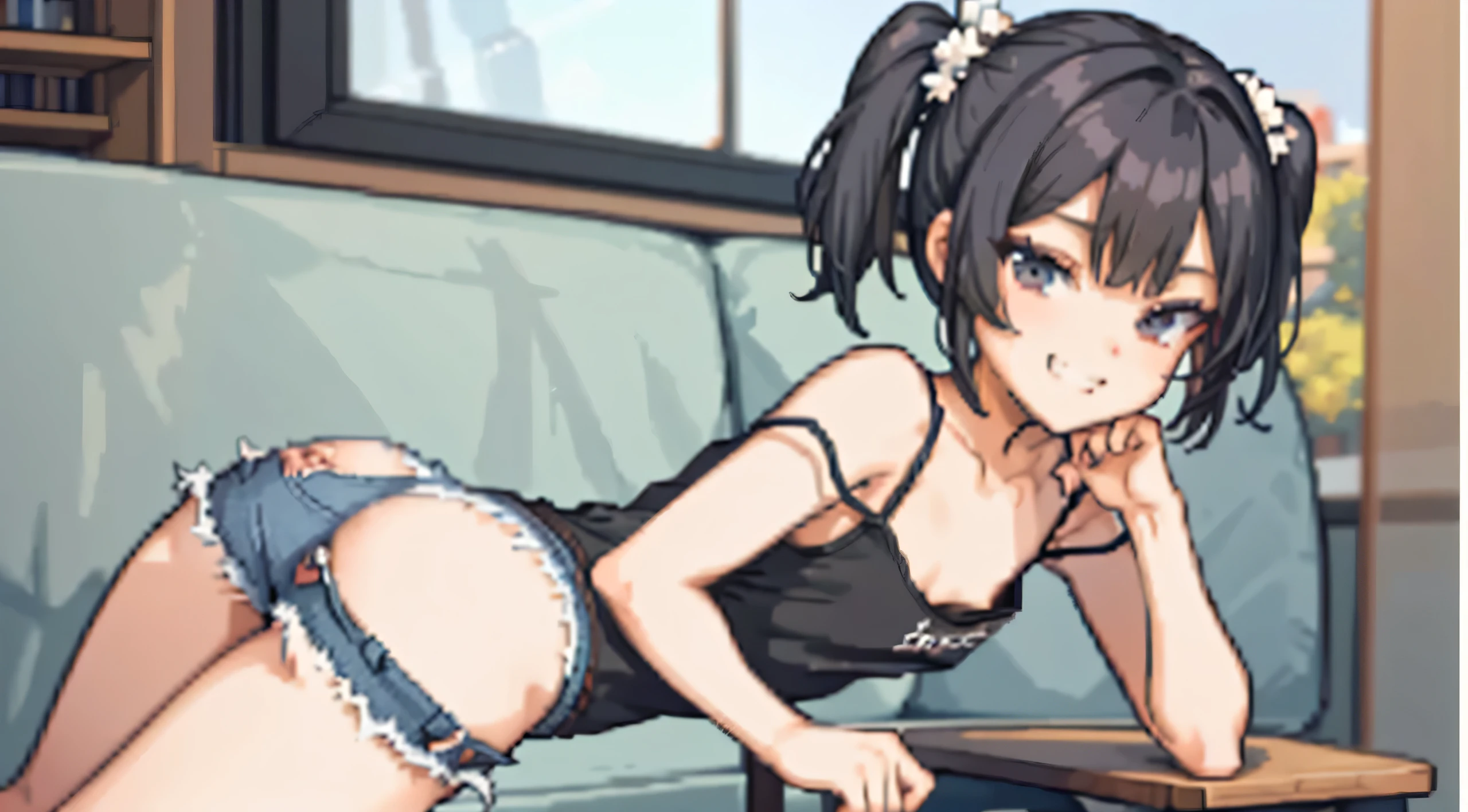 Nsfw, (8K、Highest image quality、highest quality、masterpiece)、detailed face、one 、black hair、short twintails、gray eyes、evil smile、((grin))、small 、((white camisole))、((tight denim short shorts))、((bent over:1.1))、((downblouse))、put your hand on your mouth、cowboy shot、stage background, ((nipple es under blouse)), ((buttcrack)), l waist, ((big ass)), ((thick ths)), ((covered by clothing)),