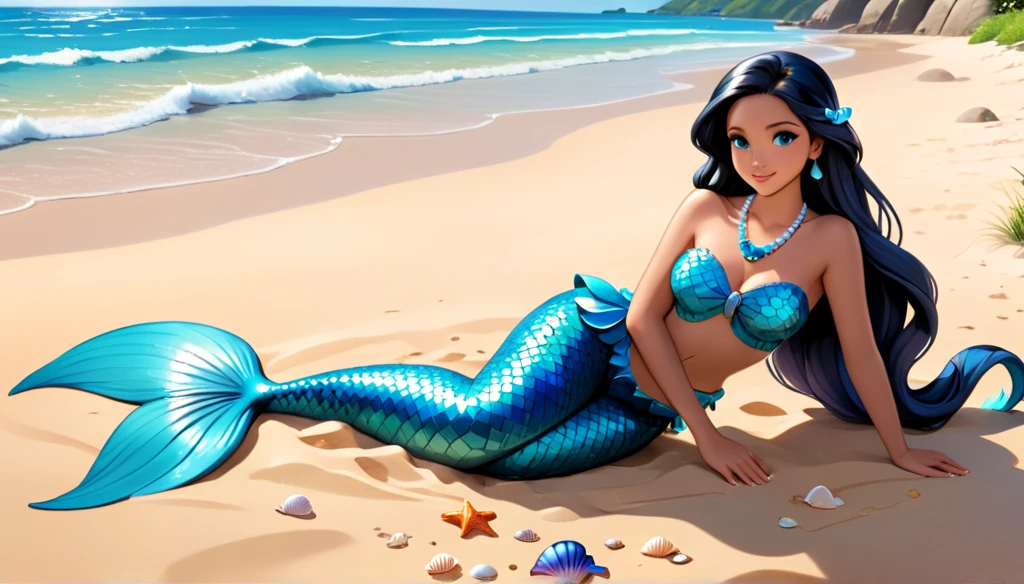 Disney art, masterpiece, extreme quality.  The theme is beach.  complete view of the scenario.  the setting is a large beach, very detailed, with many sea shells on the ground, it is daytime, the sunlight is strong.  In the scene there is a mermaid (blue Mermaid tail, straight and very long black hair, her face is beautiful, she is wearing a pearl necklace, fullbody) sitting on the sand looking at the sea.  The atmosphere is calm.