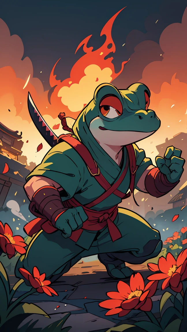 A highly detailed fantasy illustration of a frog wielding a katana, set in a ninja battlefield with smoke and flames in the background, surrounded by flowers, in a medieval style, masterpiece, best quality, 8k, hyper detailed, photorealistic, cinematic lighting, vibrant colors, dramatic composition