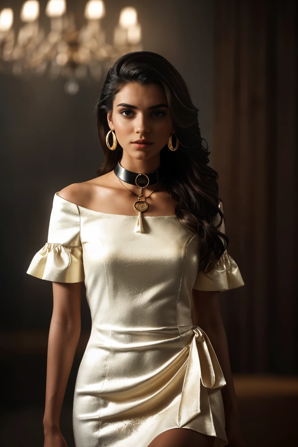In this photograph, an Indian Instagram female model in her mid-20s takes center stage. , (highly detailed face:1.4) (smile:0.7) (backround 5 star hotel , moody, private study:1.OV, by lee jeffries, nikon d850, film stock photograph ,4 kodak portra 400 ,camera f1.6 lens ,rich colors ,hyper realistic ,lifelike texture, dramatic lighting , cinestill 800, realistic, wearing ivory red and white combination dobby weave self design fit & flare dress Sweetheart neck Short, puff sleeve Tie-up detail on back Above knee length in flounce hem Attached Lining Chiffon fabric, actress, karla ortiz, posing!!, candid picture, by Max Dauthendey,Completing the aesthetic, the model wears a slave collar with a chain around her neck. The photograph is meticulously captured in 8K resolution using cutting-edge techniques such as Cinema 4D and Octane Render, resulting in a highly detailed and photorealistic image. Studio lighting, HDR, and a smoky mist create a captivating ambiance, while the bokeh effect adds an artistic touch.